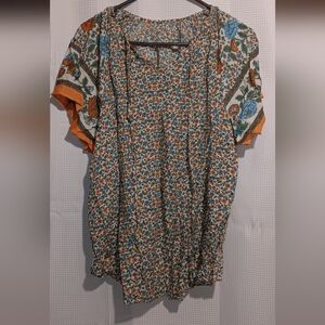 Women's Floral Short-Sleeve Blouse in Orange and Blue